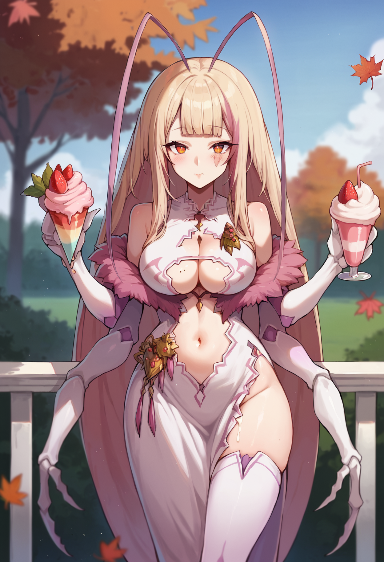 score_9, score_8_up, score_7_up, uncensored, source_anime, 1girl,  <lora:spmatarakanXLPony2:1> matarakandef, extra arms, antennae, cleavage, cleavage cutout, white dress, navel, thighhighs, autumn leaves, blurry, blurry background, cream, cup, day, food, fruit, ice cream, outdoors, simple background, strawberry, sundae, upper body