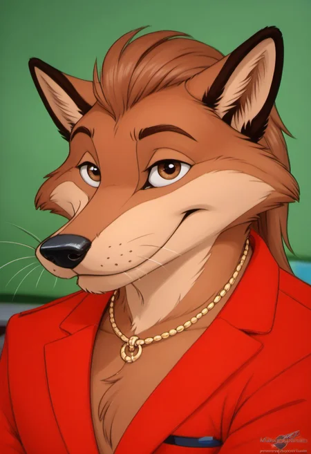 score_9, score_8_up, score_7_up, score_6_up, score_5_up, score_4_up, photorealistic, realistic, masterpiece), furry male, detailed face, detailed eyes, detailed hair, detailed fur, solo, (((headshot)))
BREAK
Fox_FTfEC, Anthro Fox, long snout, very long snout, eyelashes, whiskers, black nose, brown fur, tan muzzle, brown hair, long hair, slicked back hair, muscular male, top-heavy build, gold chain, Red sports coat, no shirt, black pants, Italian loafers,
BREAK
<lora:add-detail-xl:1.5>