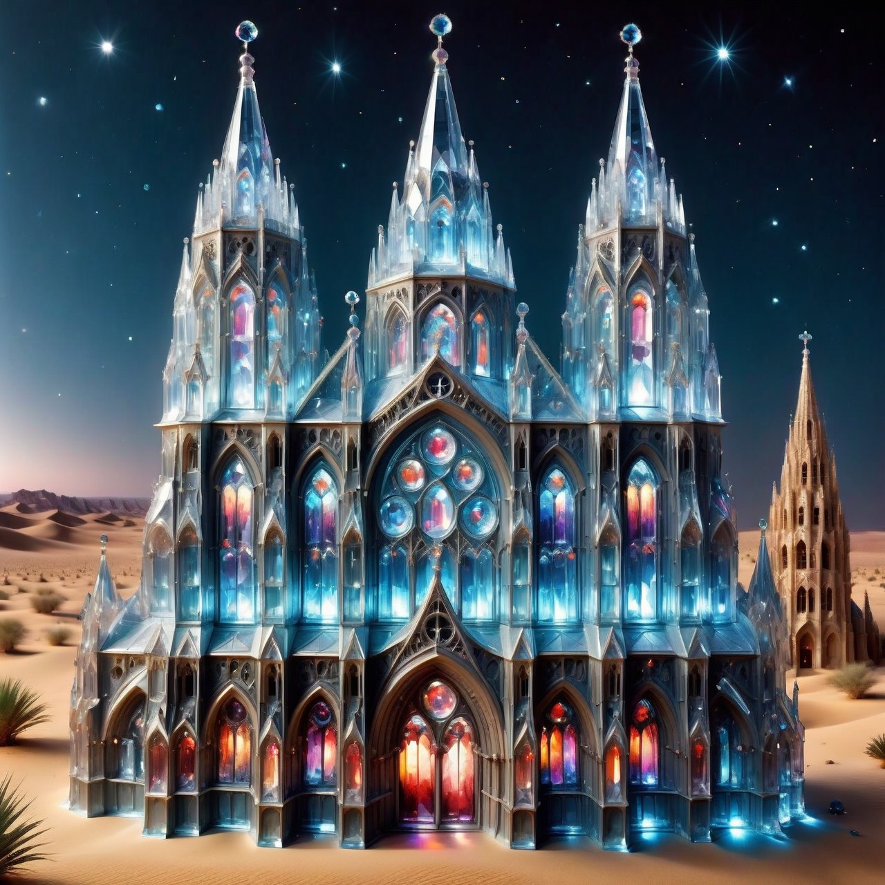 cs-cr1stal-v2 analog realistic photograph of a magnificent Gothic cathedral in a desert at night, very detailed, intricate
