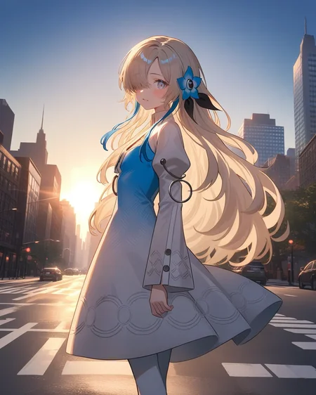 1girl, isekaijoucho, isekai joucho,
blue hair flower, gray wavy long hair, hair over one eye, multicolored hair, white blue two-tone dress, blue white gradient dress, puffy long sleeves,
outdoor, newyork city, scyscraper buildings, morning haze, crossroad, walking, backlit, cowboy shot, looking back,
masterpiece, best quality, very aesthetic,
<lora:neg4all_bdsqlsz_xl_V91:1>, <lora:Isekaijoucho_anmgn31_C:0.6>