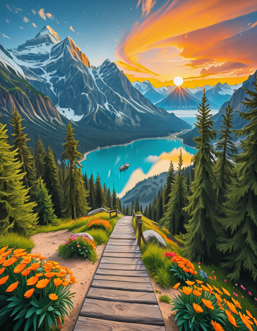 A breathtaking, high-resolution photograph of the most beautiful place on Earth, where natureâs wonders blend in perfect harmony. Towering, snow-capped mountains rise majestically in the background, their peaks glowing under the golden hues of a setting sun. Below, a crystal-clear turquoise lake reflects the colors of the sky, surrounded by lush, green forests filled with ancient trees, vibrant wildflowers, and cascading waterfalls. A soft mist rises from the valley, adding a dreamlike quality to the scene. In the distance, rolling meadows stretch toward the horizon, dotted with colorful flowers and serene wildlifeâgraceful deer grazing, birds soaring in the sky, and butterflies dancing in the breeze. A wooden footpath winds through the landscape, leading to a secluded, tranquil spot where the beauty of nature can be fully admired. The air is crisp and filled with the soothing sounds of rustling leaves, flowing water, and distant birdsong. The sky above is a masterpiece of colorsâdeep oranges, purples, and pinks blending seamlessly as the sun sets, casting a magical glow over this untouched paradise. The atmosphere is peaceful, awe-inspiring, and filled with a deep sense of wonder and tranquility, as if stepping into a perfect dream.
<lora:SDXLFaeTastic2400:0.4> <lora:extremely_detailed:0.4> extremely detailed,Earth P4r4d1s3, <lora:Earth_P4r4d1s3-i:1>, Masterpiece,best quality,hi res,8k,hi res,8k,award winning,(sharp focus, intricate, highly detailed),