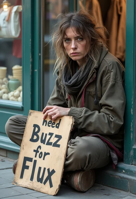 realistic photo of a female beggar in dirty and shabby clothes, filthy hair, sitting infront of a shopping window, holding a sign with text "need Buzz for Flux",