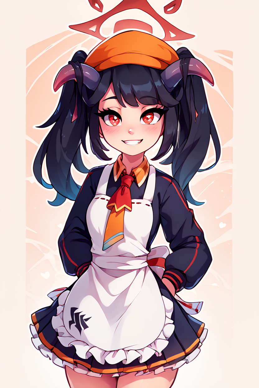 score_9, score_8_up, score_8, medium breasts, (curvy), cute, eyelashes,       BREAK, , ,,, zzFuuka, red eyes, black hair, long hair, horns, halo, demon horns, twintails black dress, white apron, frilled apron,  orange headwear, school uniform, necktie,  <lora:Fuuka_BlueArchive_PDXL:0.8>,   ,,,, BREAK, smile, looking at viewer, ,,, abstract background, white outline, cowboy shot, ,,, embedding:zPDXL, Expressiveh, ,,, <lora:theOtherHalfPDXL:0.8>, <lora:CatalystStylePDXL:0.6>, <lora:SDXLFaeTastic2400:0.5>, <lora:Expressive_H-000001:0.4>,