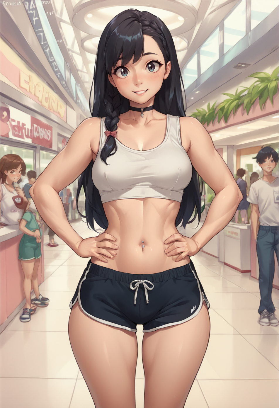 1 girl,  view from front, 
standing, hands on own hips,
looking at the viewer, smile, blush,
braid, long hair, black hair,
medium breasts, narrow waists, wide hips,
dolphin shorts, white tank top,
choker, Navel piercing,
mall, public, crew, 
  <lora:Uno_Makoto_Style_PonyXL:0.75> makoto style,, score_9, score_8_up, score_7_up, score_6_up, score_5_up, score_4_up,