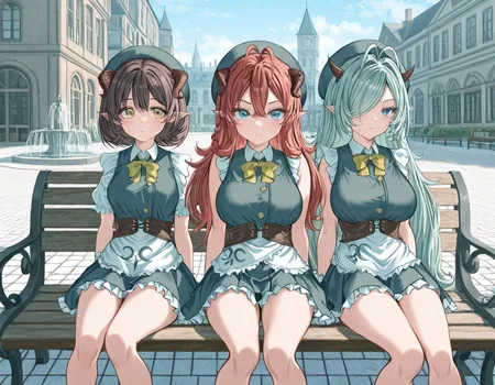masterpiece, amazing quality, high resolution, 4ldehyde, D4isy, short hair, bob haircut, brown hair devil horns, small breasts, maid uniform, Rub3rry, long hair, double ahoge,red hair, braid, devil horns, medium breasts, magic school uniform, C0ni4, very long hair, green hair, double ahoge, hair over one eye, pointy horns, large breasts, sleeveless maid uniform, multiple girls, 3 girls, side by side, Sitting, bench,city square, water fountain