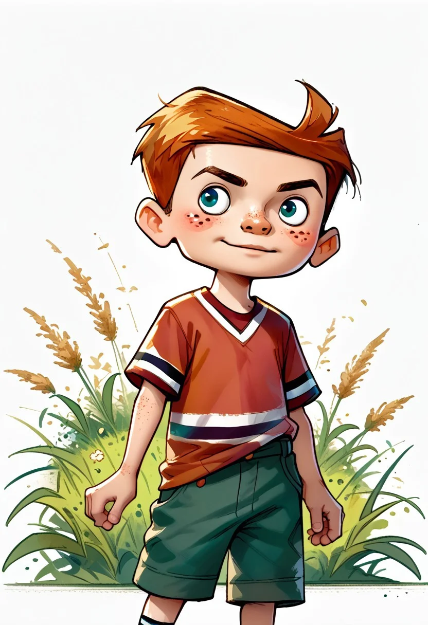 DarirStyle
score_9, score_8_up, score_7_up, 1boy, solo, male focus, Todd_Daring, Blue Eyes, Orange Hair, Freckles, Red Striped Shirt, green shorts