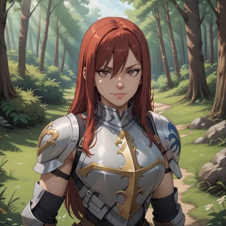 score_9, score_8, BREAK, (Solo), (Erza Scarlet, long hair, red hair), (armor), (blue tattoo), sexy pose, self portrait, smile, outdoors, sunlight, shadows, evening lighting, natural lighting, forest, trees, grass, orange sky, sunset