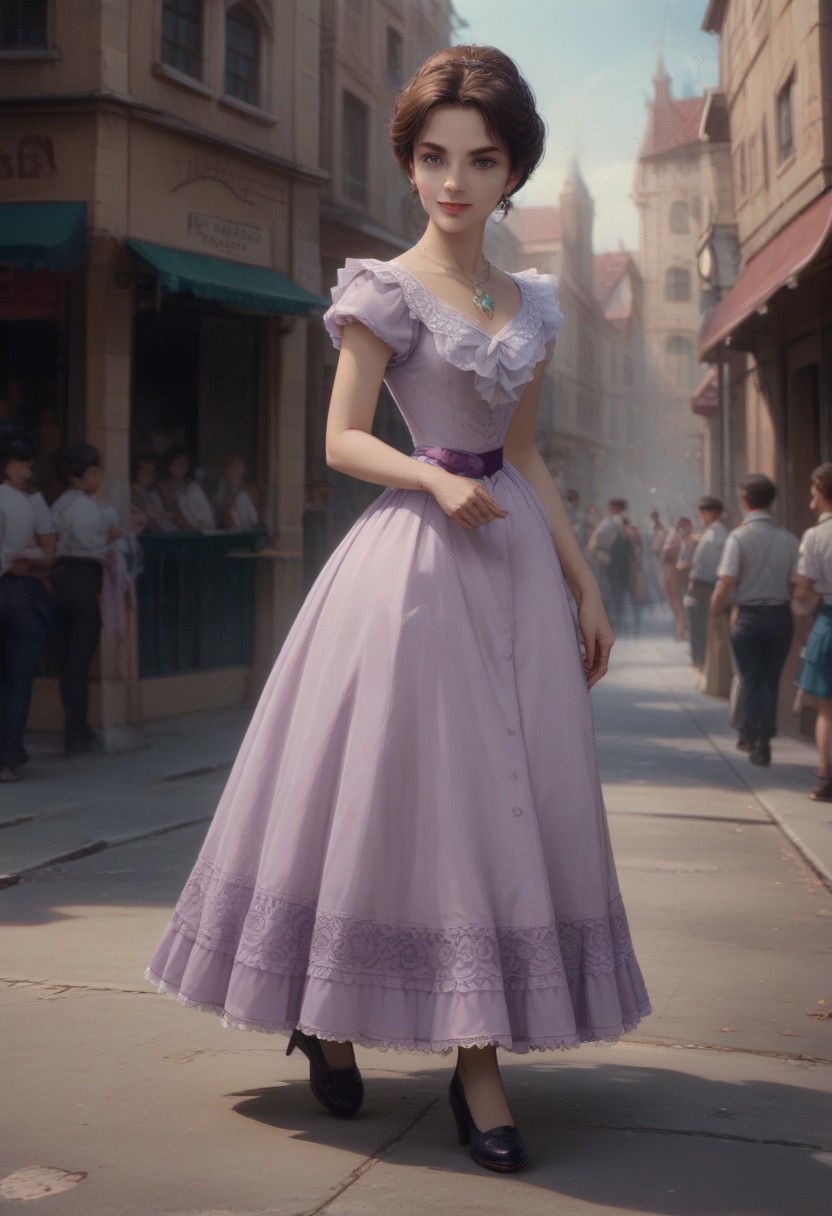score_9, score_8_up, score_7_up, score_6_up, source_anime, 
1girl, 21+ years old,
updo, brown_hair, golden necklace, lavender victorian dress, purple belt
Crowd, public, spectators
Smile, 
In streets, Victorian
London
Empire
Cowboy shot, view legs, Dynamic view, Dynamic angles, moving, walking, 
Side view