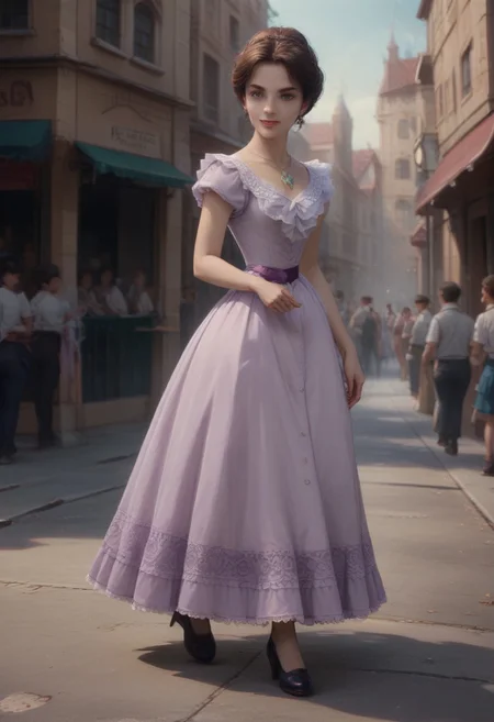 score_9, score_8_up, score_7_up, score_6_up, source_anime, 
1girl, 21+ years old,
updo, brown_hair, golden necklace, lavender victorian dress, purple belt
Crowd, public, spectators
Smile, 
In streets, Victorian
London
Empire
Cowboy shot, view legs, Dynamic view, Dynamic angles, moving, walking, 
Side view