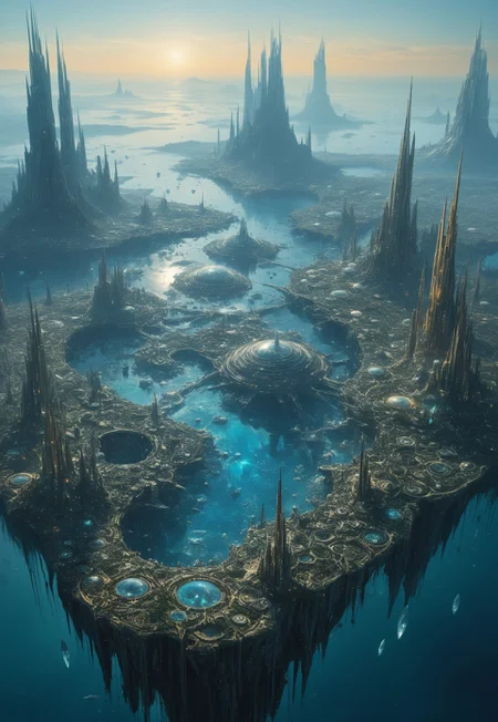 Roger Dean-inspired creative scene of an extraterrestrial civilization. At the center of the image stands a magnificent and awe-inspiring alien city rising from an endless expanse of interstellar ocean, seemingly transcending Earth's architectural artistry. The city is composed of transparent crystal and metals that shimmer with various colors of light. They intertwine and cross, forming a complex and intricate network structure. The appearance of the city presents a unique style where fluidity and static beauty coexist, resembling a living piece of art, with each wall continuously changing its shape and color, displaying endless vitality. A part of the city floats in mid-air, supported by delicate energy fibers that sway gently with the wind, emitting soft and pleasing sounds. From here, one can clearly see that the interior of the city is filled with lush botanical gardens and crystal-clear bodies of water, perfectly integrated into their surrounding environment, adding a touch of vitality to this alien civilization's home.
 (8k uhd:1,4) 
<lora:add-detail-xl:1> 
<lora:Dynamic Poses:1>