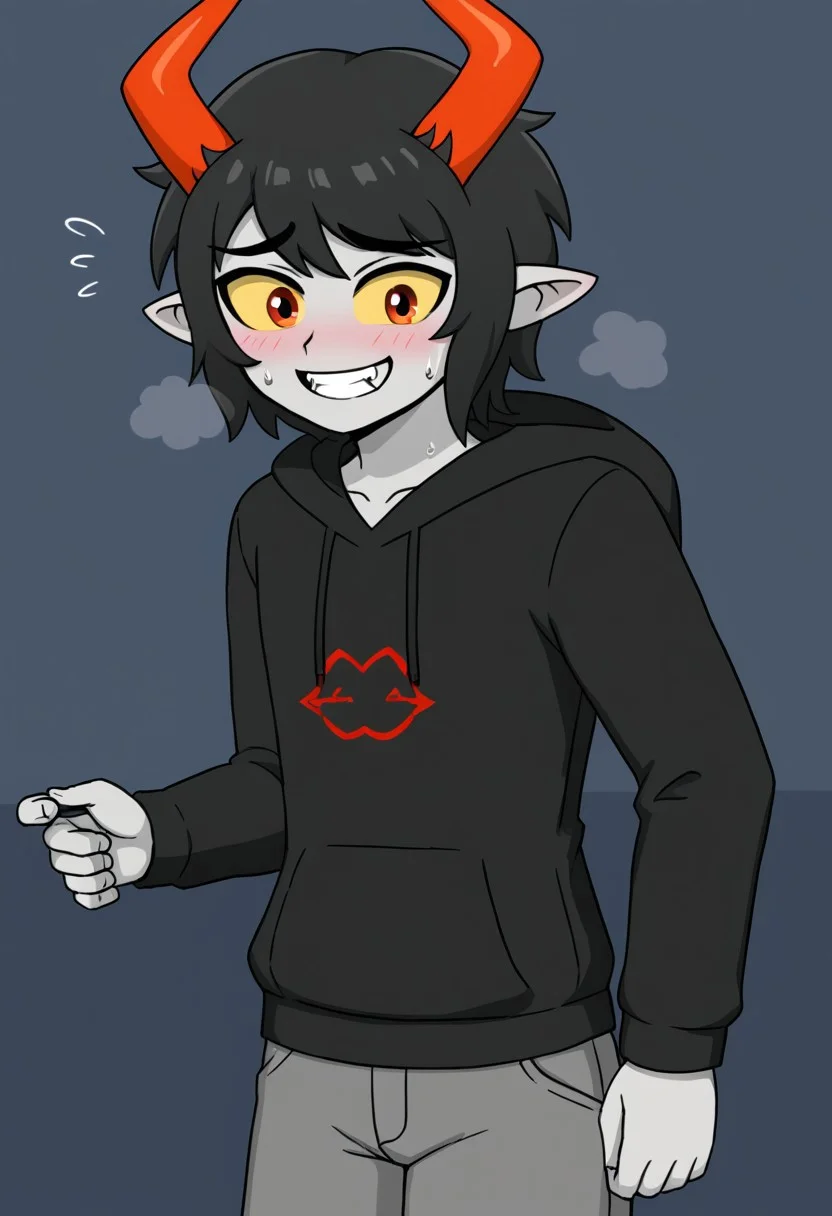 score_5, score_4_up,
BREAK,
1boy, holykh, grey skin, horns, black hair, medium hair, fangs, fangs out, yellow sclera, hoodie, pants, red symbol on shirt, hood, cowboy shot, nervous, grin, sweating,
BREAK,
three quarter view,
BREAK,
shading,