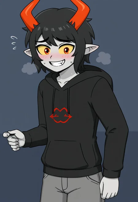 score_5, score_4_up, 
BREAK,
1boy, holykh, grey skin, horns, black hair, medium hair, fangs, fangs out, yellow sclera, hoodie, pants, red symbol on shirt, hood, cowboy shot, nervous, grin, sweating,
BREAK,
three quarter view, 
BREAK,
shading,