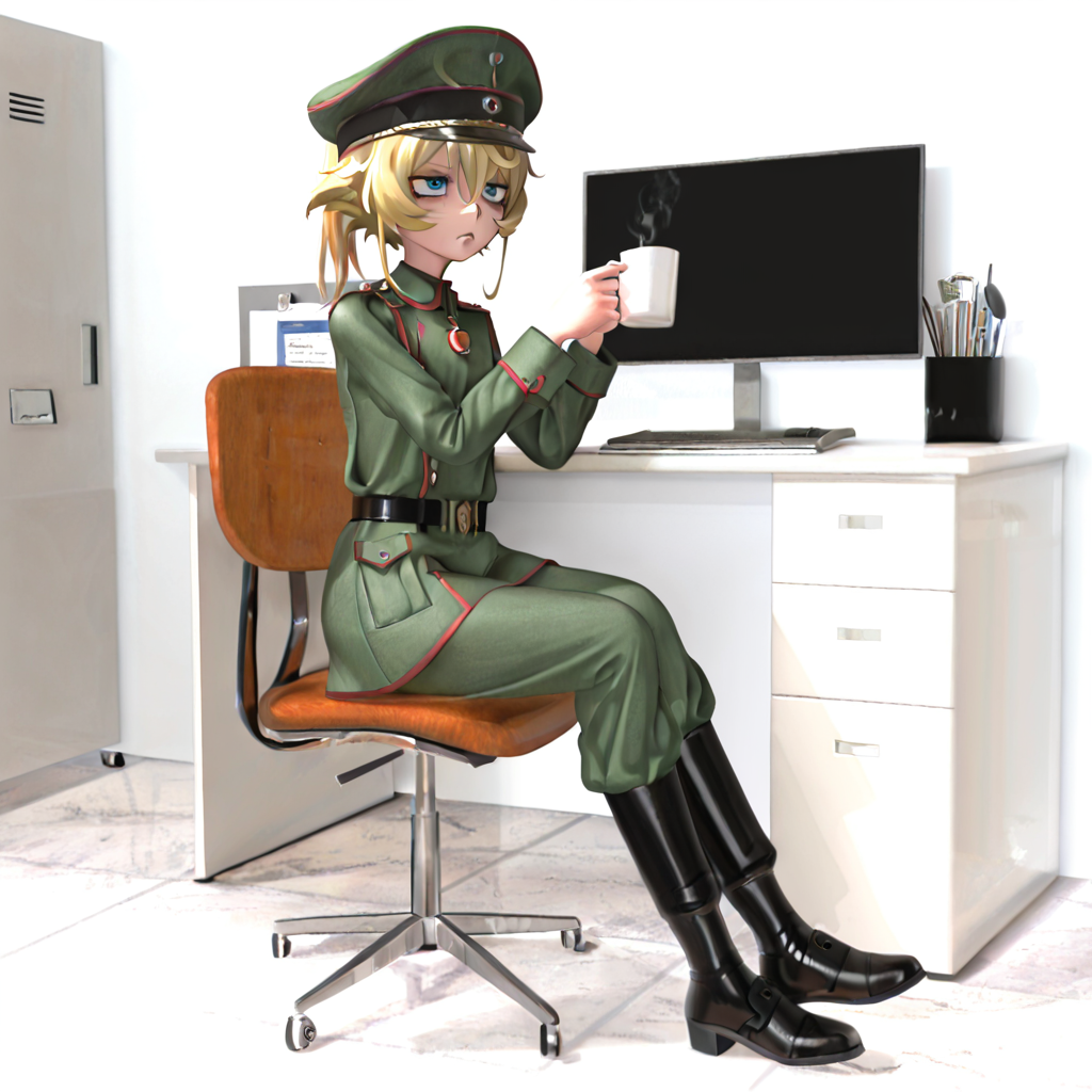 anireal, <lora:AnirealIllus:1>, highres, best quality, masterpiece, very aesthetic, newest, 1girl,solo,full body,tunic,military uniform,military hat,blue eyes,blonde hair,3d,tanya degurechaff,indoors,office,sitting,chair,cubicle,tired,shadow under eyes,holding coffee mug