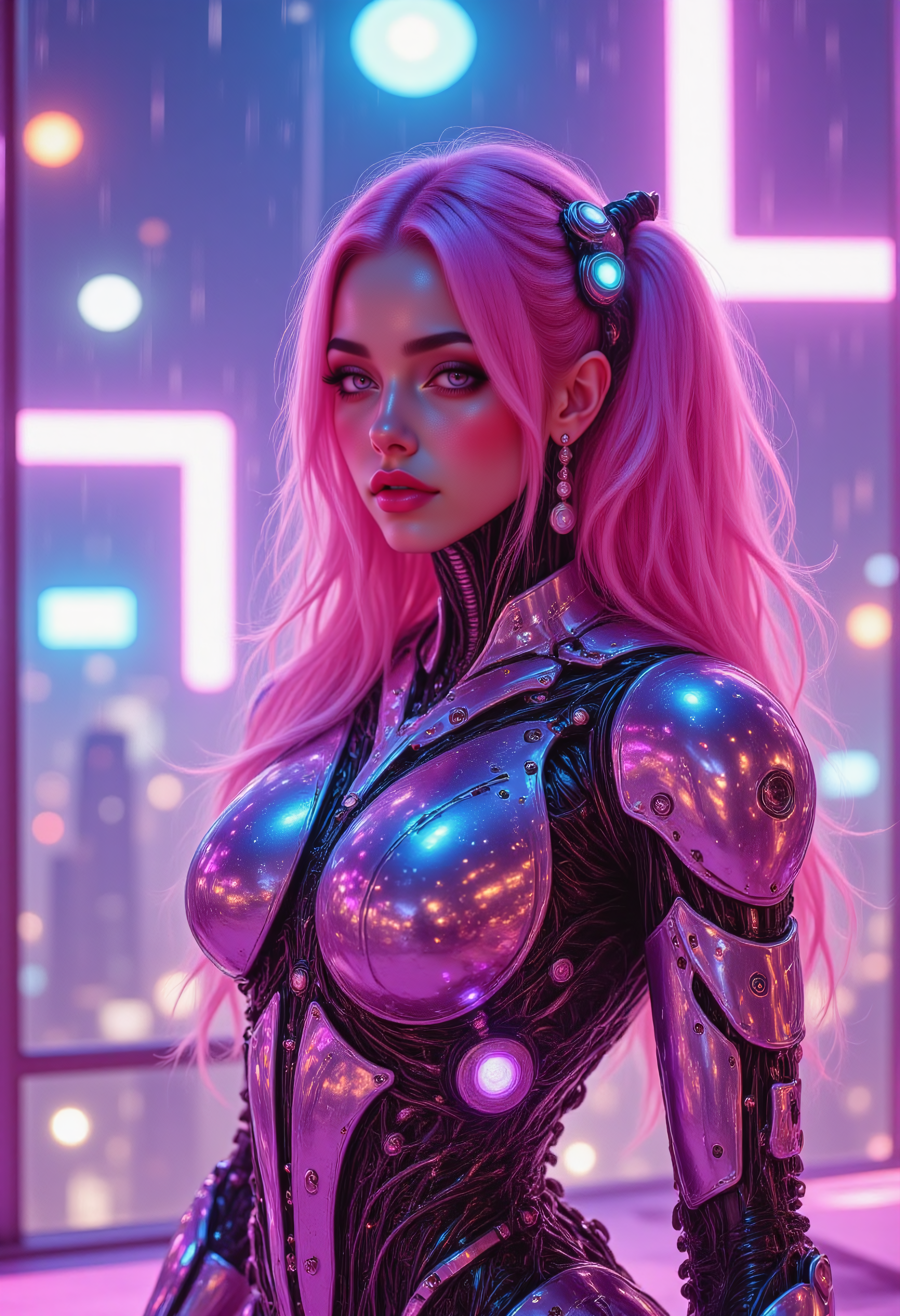 cinematic still pinkhidreamfantasy, pinkmechalux, A synth-pop superstar with iridescent hair and glass armor performing in a sky-lounge stage, with panoramic views of a rain-soaked, neon-drenched supercity . emotional, harmonious, vignette, 4k epic detailed, shot on kodak, 35mm photo, sharp focus, high budget, cinemascope, moody, epic, gorgeous, film grain, grainy, (masterpiece), (best quality), (ultra-detailed), illustration, disheveled hair, detailed eyes, perfect composition, moist skin, intricate details, earrings, by wlop <lora:PinkHiDreamFantasy-SemiRealisticFLUX:0.7> <lora:PinkieMechaLuxFLUX:1>
