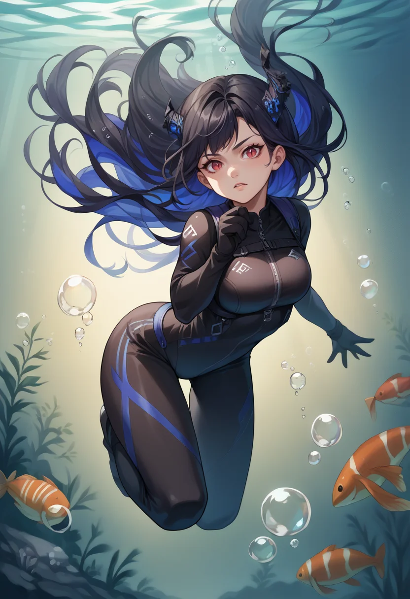 score_9, score_8_up, score_7_up, source_anime, 1girl, solo, NerissaRavencroft, colored inner hair, black hair, blue hair, red eyes, slit pupils, uneven horns, long hair, underwater, bubbles, diving, diving suit, <lora:ChamNerissaRavencroftPonyXL:1>