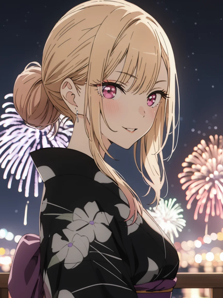 <lora:hinaKitagawaMarin_sdxl_wifu_v1:1>, blackflora kimono, kitagawa marin, purple obi, black kimono, white floral linear sketch, single hair bun, standing, looking at viewer, playful theme, fireworks,
BREAK,
(best quality, masterpiece:1.2)