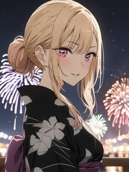 <lora:hinaKitagawaMarin_sdxl_wifu_v1:1>, blackflora kimono, kitagawa marin, purple obi, black kimono, white floral linear sketch, single hair bun, standing, looking at viewer, playful theme, fireworks,
BREAK,
(best quality, masterpiece:1.2)