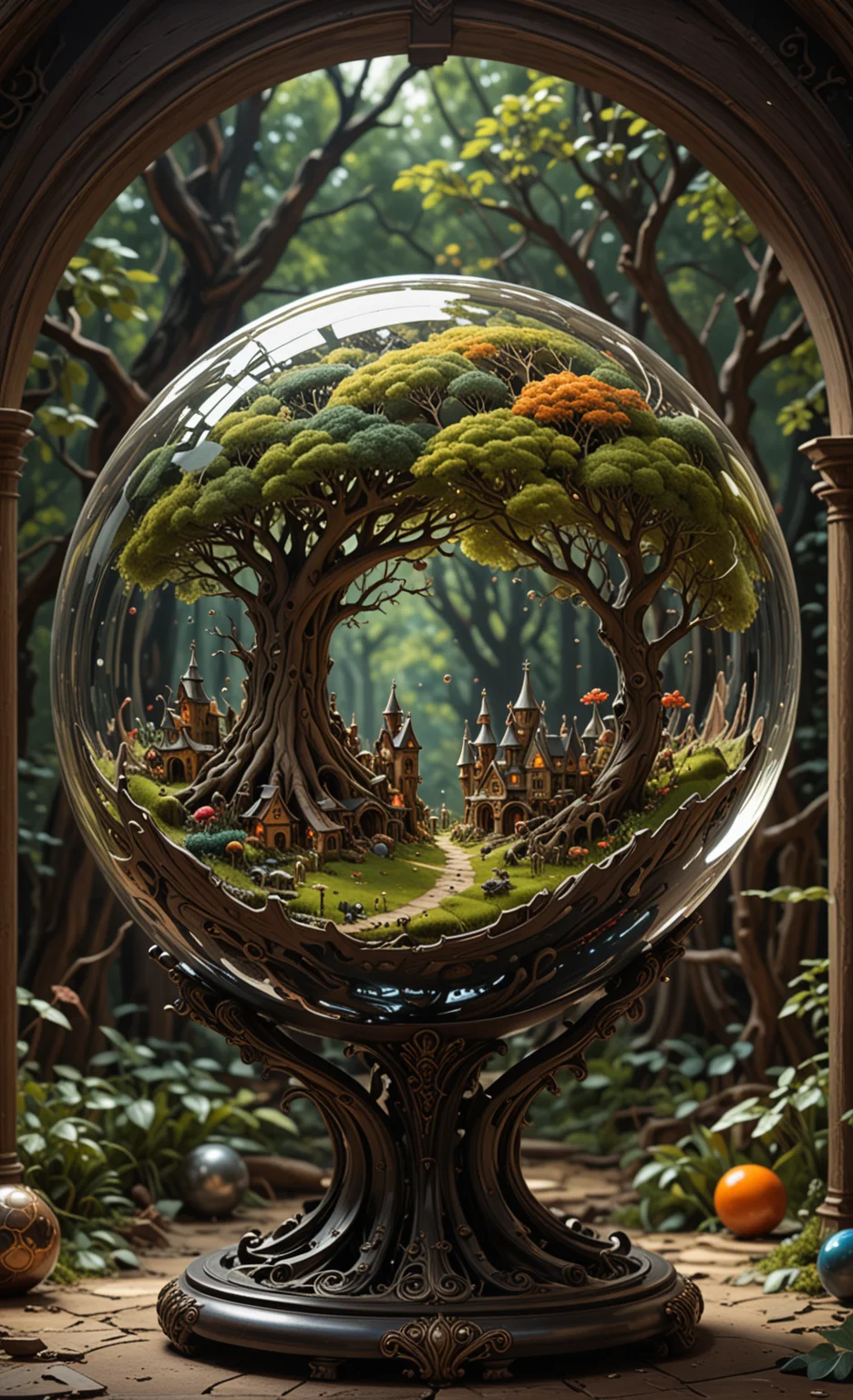 A  glass sphere sculpture, concealed inside the sphere is a Hobbits village, in the day, detailed image, 8k high quality detailed, shaped sphere, amazing wallpaper, digital painting highly detailed, 8k UHD detailed oil painting, beautiful art UHD, focus on full glass sphere, bokeh,  background Modifiers: extremely detailed Award winning photography, fantasy studio lighting, photorealistic very attractive beautiful imperial colours ultra detailed 3D, (Very Intricate), UHD, <lora:3D_Framed_Wall_Art_-_By_DICE:1>, (3D Framed, Macabre)
