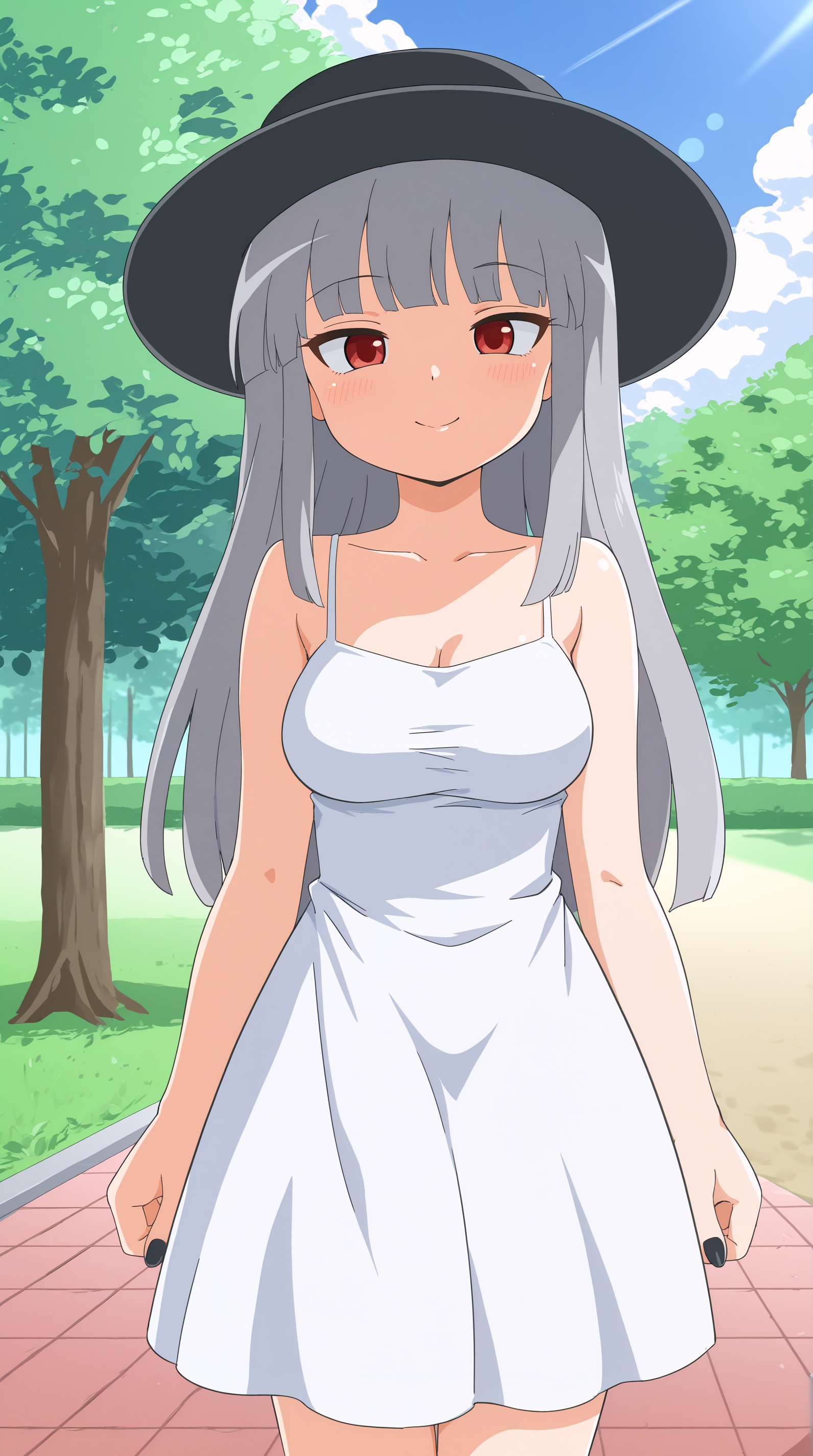 masterpiece, best quality, amazing quality, very aesthetic,  absurdres, best quality, 4k, upscale, Sholico,   indoors, outdoors, park, 1girl, solo, hat, dress, looking at viewer, white dress, black nails, long hair, breasts, grey hair   <lora:Sholico_Magi_Fanta_G_Style:1>