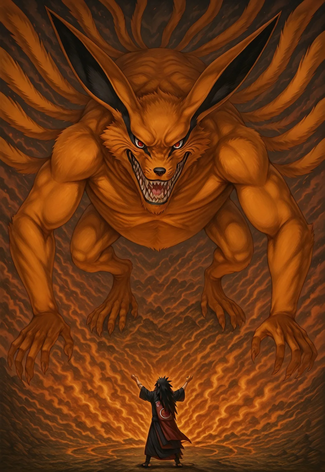 masterpiece, best quality, very aesthetic, absurdres,
1boy,solo, SGV1.0, SGV1.0, outstretched arms, giant, size difference, from behind,uchiha madara, fox,kurama,red eyes,sharp teeth,orange fur,tall male,animal ears,tail, all fours, face focus, 