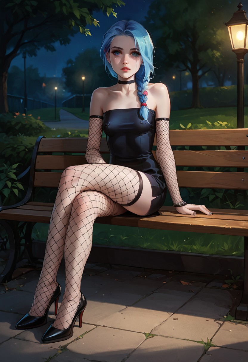 score_9, score_8_up, score_7_up, score_6_up, score_5_up, score_4_up, young woman, long blue colored braided hair, blue hair, thin body, pale skin, small breasts, long legs, covered_piercing, nipple piercing bulge, covered nipples, wearing black short dress, tight dress, strapless dress, wearing fishnet stockings, fishnet sleeves on wrists, sitting down on a Park bench, dangling high heel shoe from her foot, shoe dangle, very dark lighting, dynamic lighting,