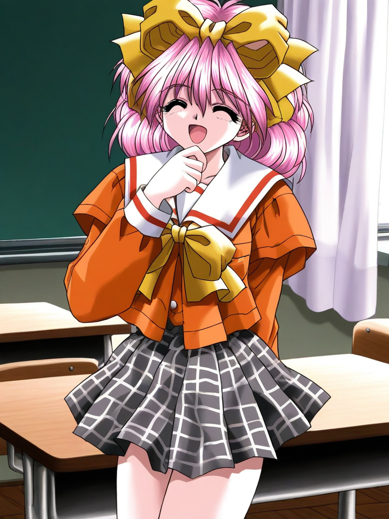 general,highres, ultra-detailed,very aesthetic,best quality ,best hands, BREAK <lora:Kanzaki_Suzu_Akumu_AoiKajitsunoSange_IS:1>
Kanzaki_Suzu, 1girl, solo, pink hair, medium hair, yellow bow, closed eyes, hair bow, short,
orange school uniform, gray plaid skirt, white and black skirt, 
happy,hand on own chin,
open mouth,
class room, curtain,