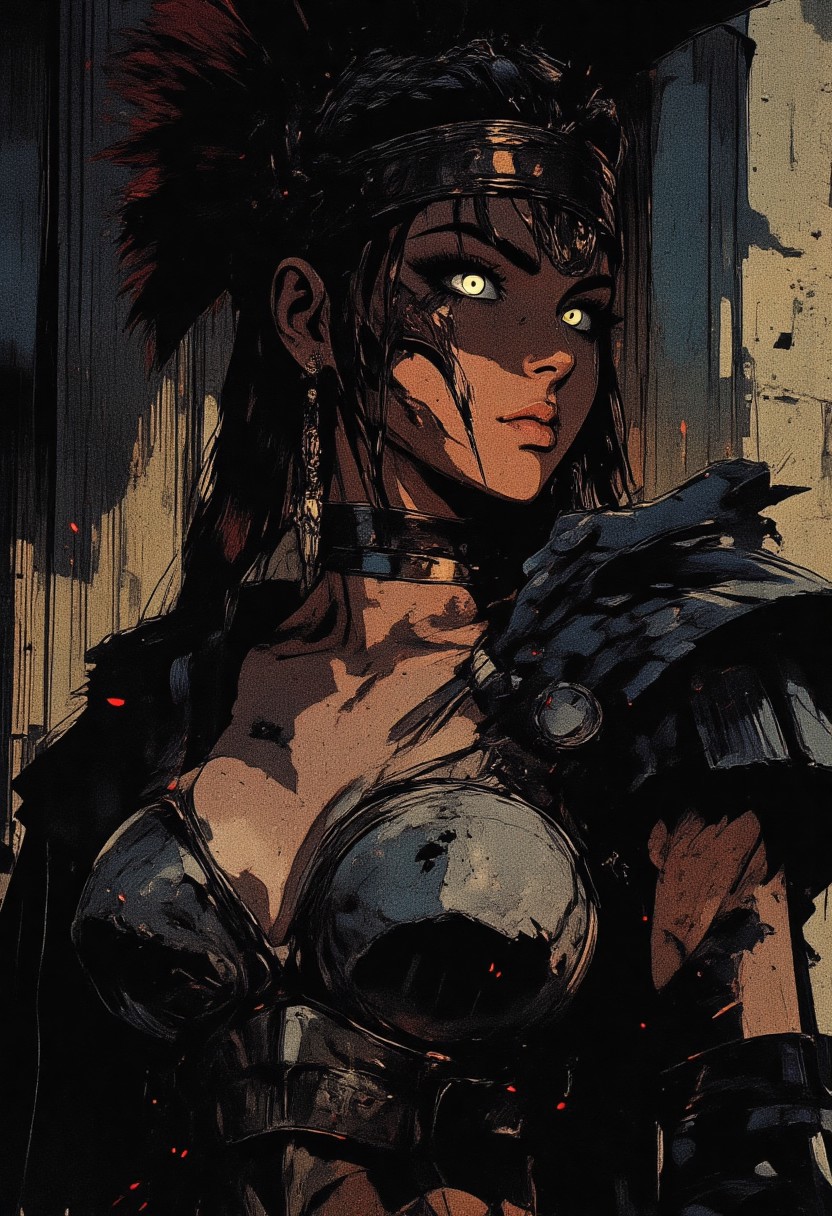 Female Roman soldier, Revenant, war paint, face paint, eye black, glowing eyes, in profile, toned arms, braided hair, battle damaged armor, large breasts, breast plate, dark and moody background, adds a dramatic tone, subtle lighting reflections, ray traced, foreshortening, particle effect, Holding a sword,