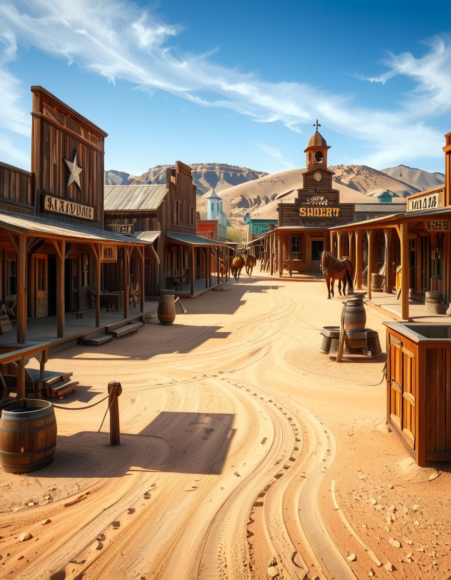 A classic Wild West town in the late 1800s, surrounded by arid desert and towering rock formations. The dusty main street is lined with wooden buildings, including a saloon with swinging doors, a sheriffâs office with a star emblem, a general store with a wooden sign, and a blacksmithâs shop with tools hanging outside. Old-fashioned wooden wagons are parked along the street, and a few horses are tied to hitching posts. The atmosphere is lively, with cowboys wearing wide-brimmed hats, boots, and leather dusters walking around, some talking near the saloon while others ride horses. The sky is bright blue with a few wispy clouds, and the sunlight casts long shadows on the ground. In the background, a water tower stands tall, and a windmill slowly turns in the breeze. The scene is full of rustic details, evoking the adventurous spirit of the American frontier.<lora:SDXLFaeTastic2400:0.4> <lora:extremely_detailed:0.4> extremely detailed, <lora:Western_v1ll4g3:1>,Western v1ll4g3, Masterpiece,best quality,hi res,8k,hi res,8k,award winning,(sharp focus, intricate, highly detailed),