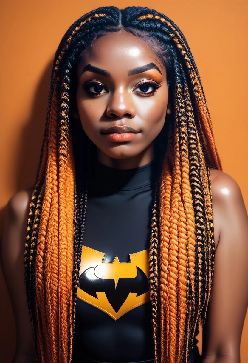 score_9, score_8_up, score_7_up, 1 woman, dark-skinned female, superhero, long multicolor black2orange box braids, box braids, b0ll4nd