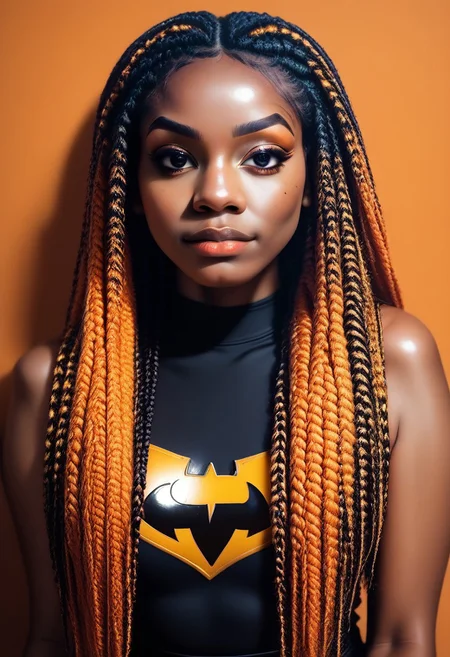 score_9, score_8_up, score_7_up, 1 woman, dark-skinned female, superhero, long multicolor black2orange box braids, box braids, b0ll4nd
