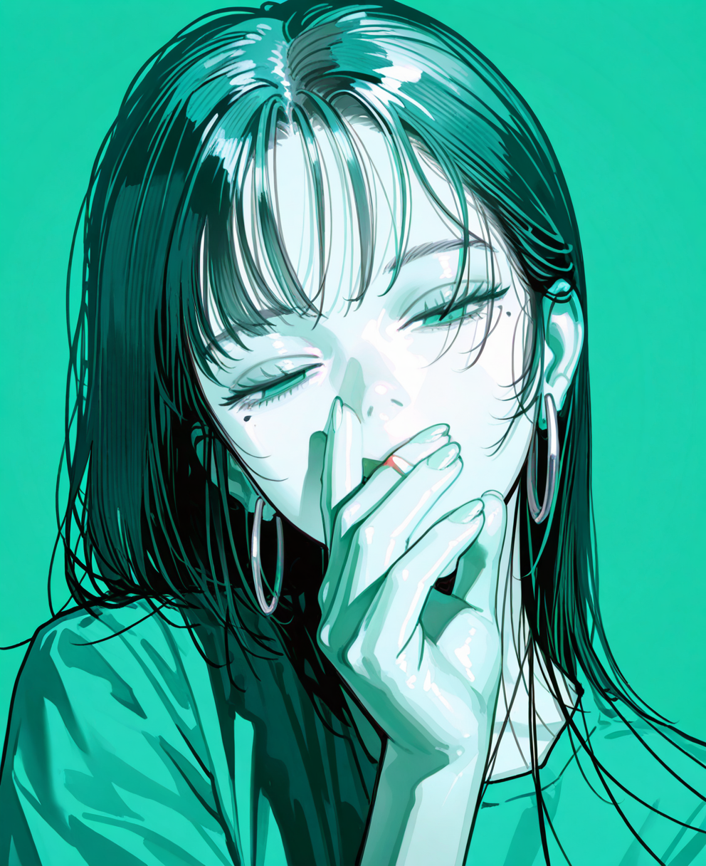 <lora:johnC:1>,
(masterpiece), (best quality), (ultra-detailed), amazing quality, very aesthetic, illustration, perfect composition, intricate details, absurdres, incredibly absurdres, shiny skin, realistic,
 john, 1girl, solo, mole under eye, blending, hoop earrings, looking at viewer, covering own mouth, limited palette, mole, green , , long hair, earrings, jewelry, portrait, covered mouth, hand up, green theme, simple background, closed eyes, cigarette, hand over own mouth, head tilt, black , general