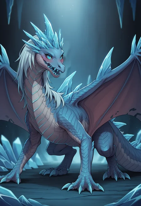 score_9, score_8_up, score_7_up, score_6_up, score_5_up, score_4_up, 1girl, <lora:Auroth:0.7> solo, no humans, feral, dragon, sharp teeth, teeth, open mouth, scales, colored skin, glowing, blue eyes, monster, hair, looking at viewer, blush, claws, full body, on all fours, wings,
ice cave background, blurry background,