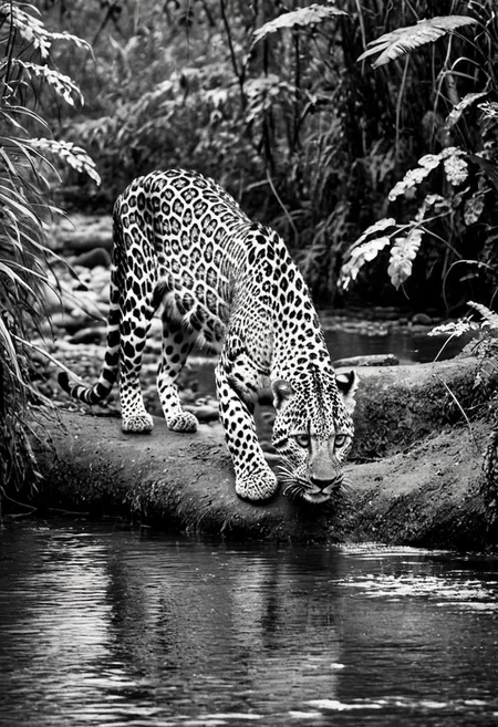 a (black and white:1.5) photo of a leopard, in the jungle, drinking at the at the edge of a river, at dusk, dense jungle forest, dramatic lights, shallow depth of field, blurred background, extreme details, intricate details, 8k, 35mm photo, photorealism, realistic photo, national geographic style, masterpiece, film photography style