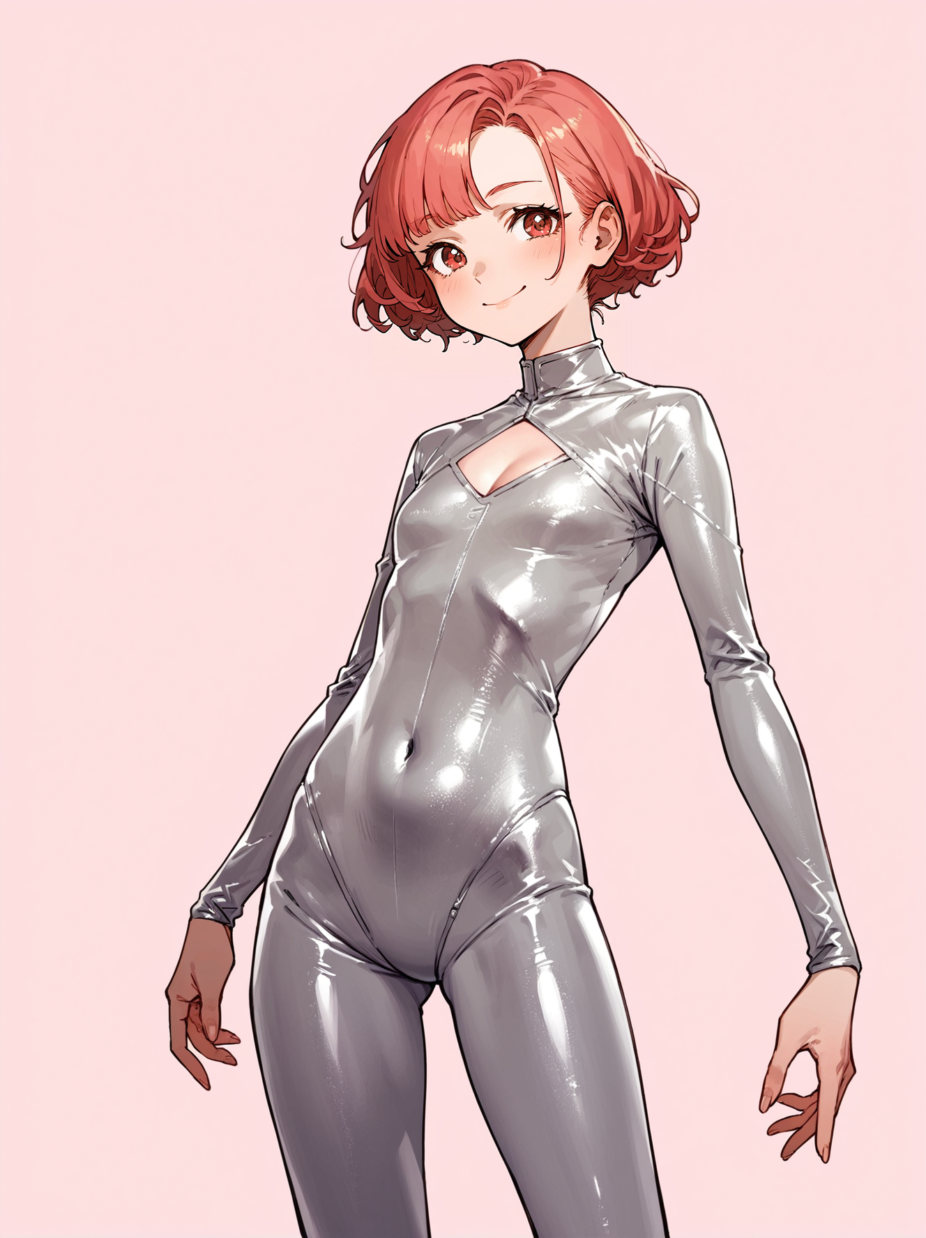 score_8_up, score_7_up, score_6_up, source_anime, 1girl, solo, simple background, pink background,
standing, pose, contrapposto, arched back, cowboy shot, facing viewer
smile, 
silver bodysuit  <lora:silverbodysuitt:1>