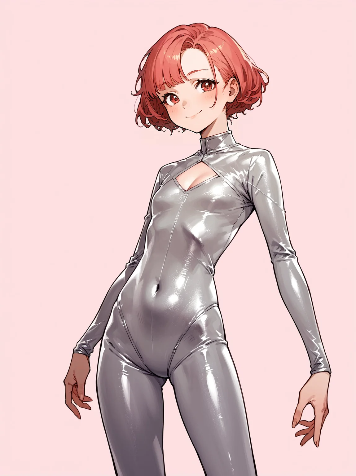 score_8_up, score_7_up, score_6_up, source_anime, 1girl, solo, simple background, pink background,
standing, pose, contrapposto, arched back, cowboy shot, facing viewer
smile,
silver bodysuit <lora:silverbodysuitt:1>