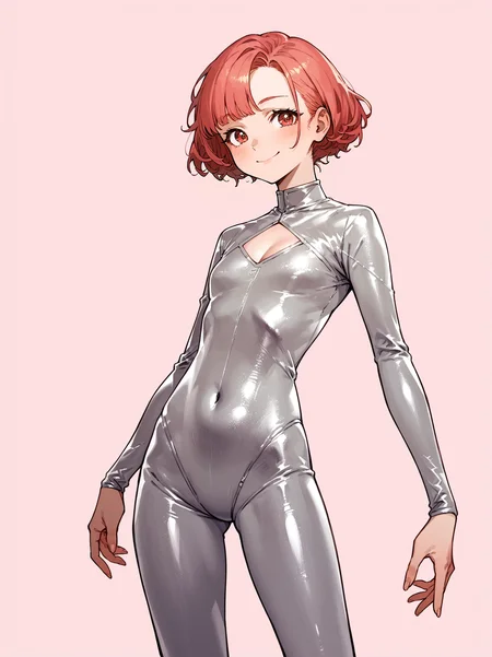 score_8_up, score_7_up, score_6_up, source_anime, 1girl, solo, simple background, pink background,
standing, pose, contrapposto, arched back, cowboy shot, facing viewer
smile,
silver bodysuit <lora:silverbodysuitt:1>