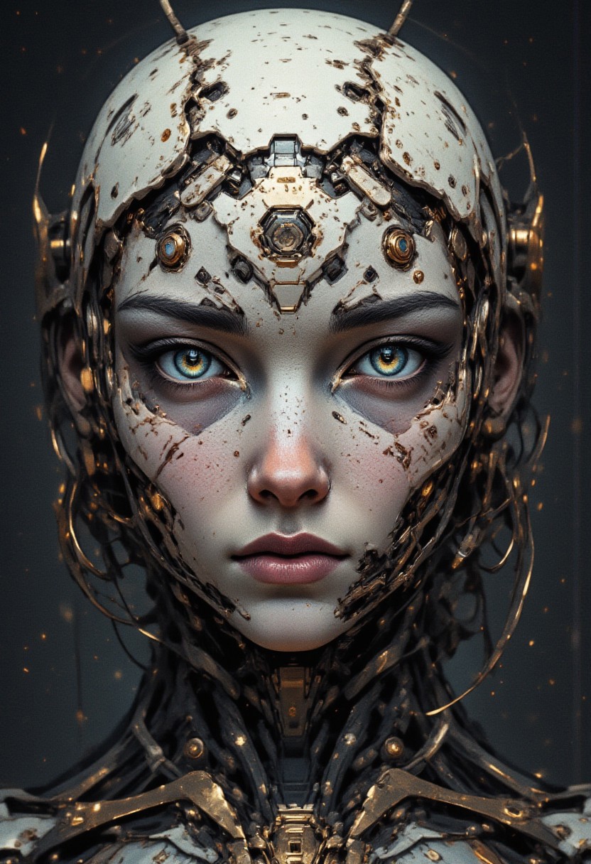 closeup portrait a ceramic oriental cyberpunk cyborg girl, direct gaze, dark cyberpunk background