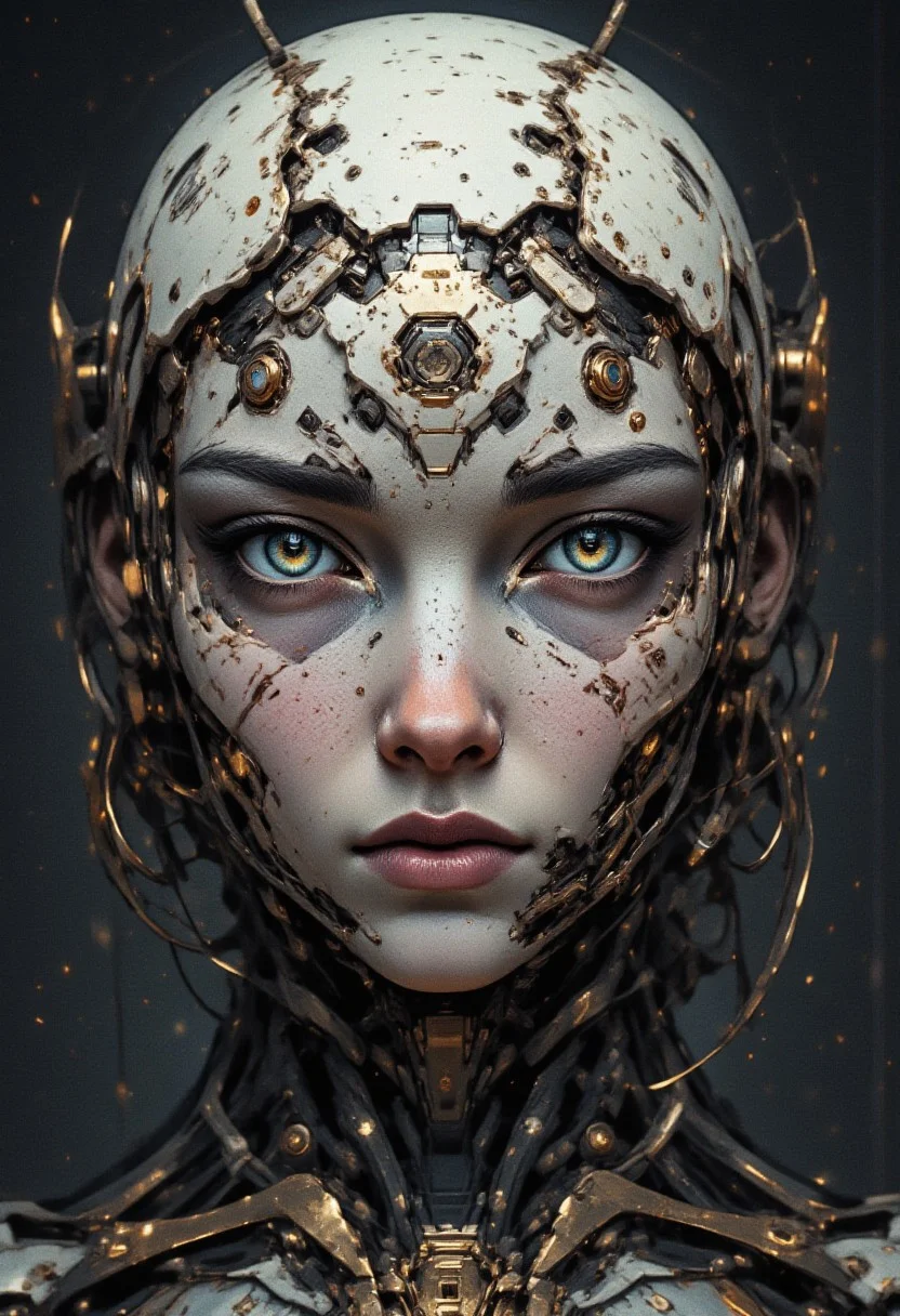 closeup portrait a ceramic oriental cyberpunk cyborg girl, direct gaze, dark cyberpunk background