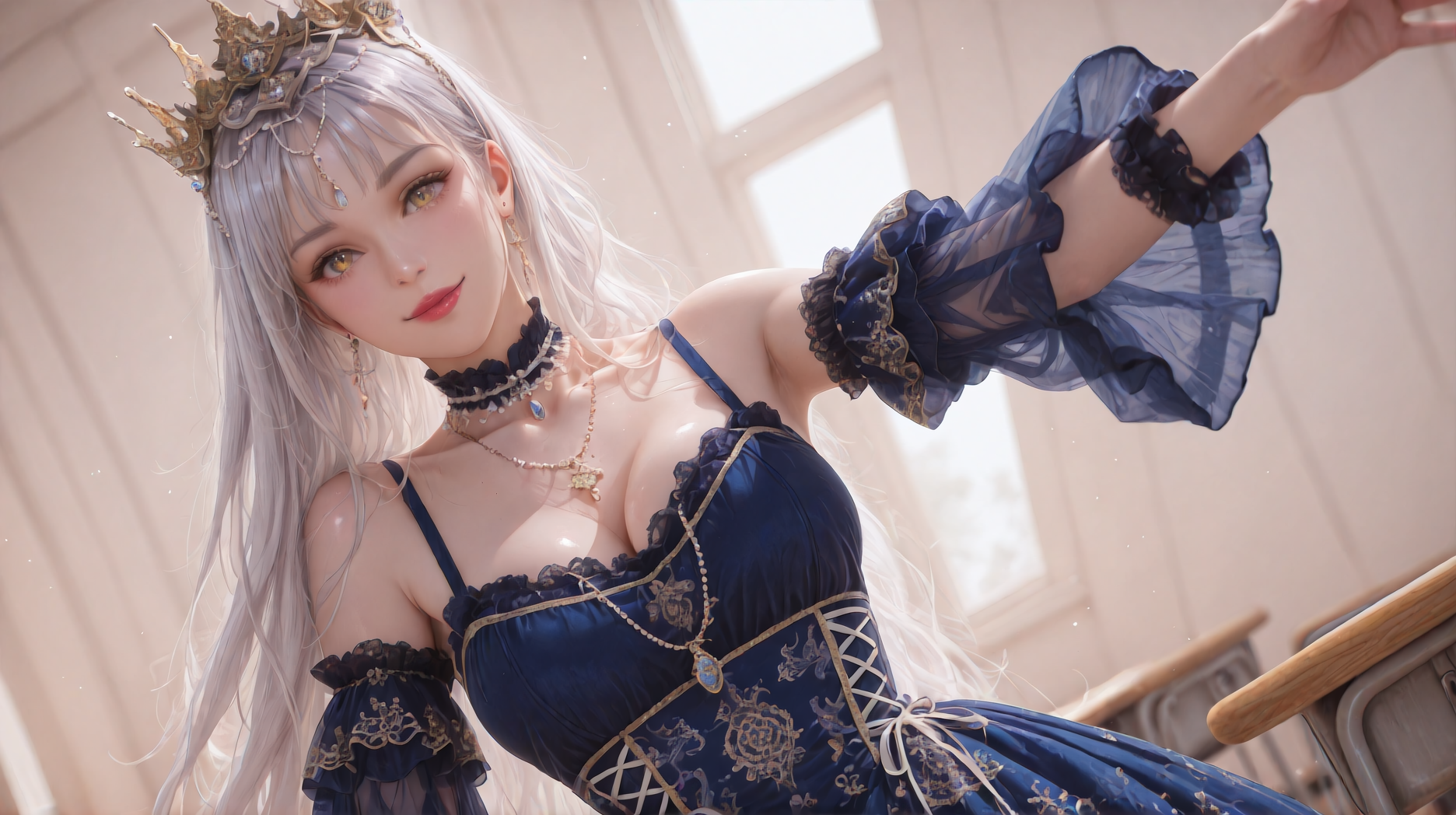 (masterpiece, best quality,realistic,from below:1.3),absurdres,(looking at viewer,  collarbone,),(shiny_eyes:1.5),smile,
1girl,solo,silver hair,yellow eyes,very long hair,cxzg,dress,cyan dress,tiara,detached sleeves,jewelry,necklace,frills,lace,cross-laced clothes,crown,lipstick,
cleavage,medium breasts,bouncing breasts,classroom,<lora:aidmaImageUpgrader-v0.3-IL:0.6>,<lora:cxzg(IL):0.7>,