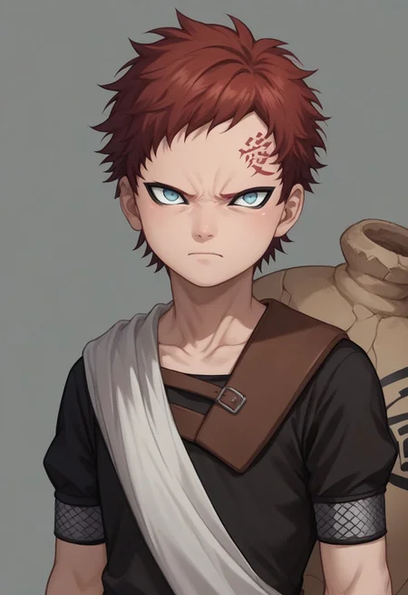score_9, score_8_up, score_7_up, highly detailed, cute boy, 1boy, solo, young, Gaara, Red Hair, Pale Blue Eyes, Facial Mark , Black Short sleeve shirt, White Cloth Sash, leather strap, gourd, no eyebrows, angry psychotic smirk
