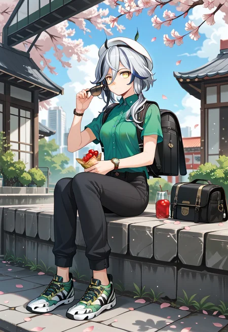 score_9,score_8_up,score_7_up,source_anime,FU_HUA,1girl,solo,long hair,blue eyes,shirt,black hair,hat,holding,hair between eyes,closed mouth,jewelry,sitting,blue hair,full body,yellow eyes,grey hair,ponytail,short sleeves,outdoors,food,shoes,pants,official alternate costume,bag,petals,black pants,white headwear,beret,sunglasses,holding food,backpack,sneakers,cherry blossoms,casual,watch,shoulder bag,green shirt,wristwatch,wagashi,green footwear,baozi,capri pants,polo shirt,