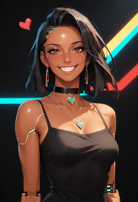 score_9, score_8_up, score_7_up, score_6_up, score_5_up, score_4_up,
<lora:CyberDollsV3.1:1> cyb3rd0lls, android, colorful skin,
, 1girl, solo, long hair, breasts, looking at viewer, smile, black hair, jewelry, bare shoulders, brown eyes, upper body, heart, teeth, choker, medium hair, dark skin, necklace, grin, dark-skinned female, black choker, camisole, pendant, spaghetti strap, black camisole