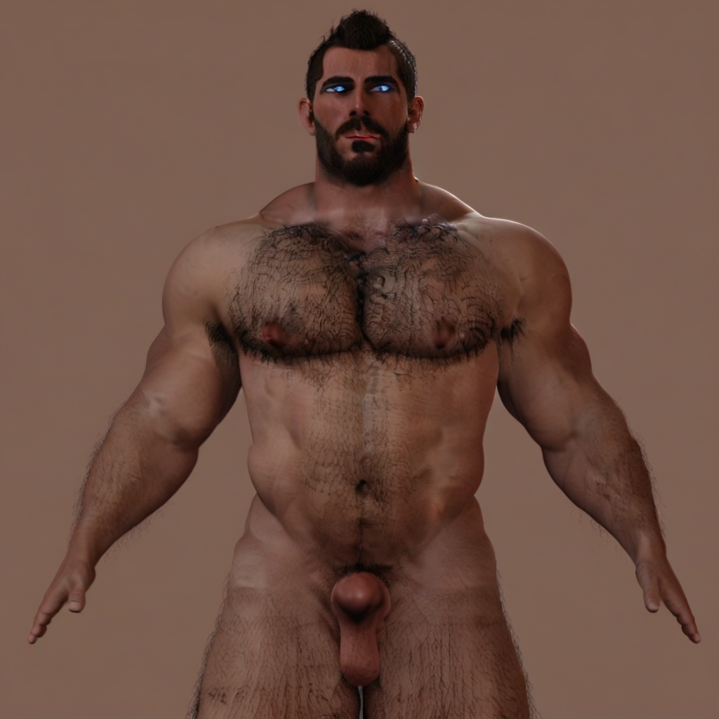 leg hair, male nipples, program, viewer looking at a man's chest, hand on penis, erection, chest hair, open mouth, body builder body, blue eyes, chest up perspective, bara chest, t-posed