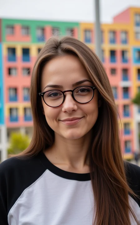 A woman with long brown hair is wearing glasses. There is a colorful building behind the woman. The woman is wearing a black and white shirt.