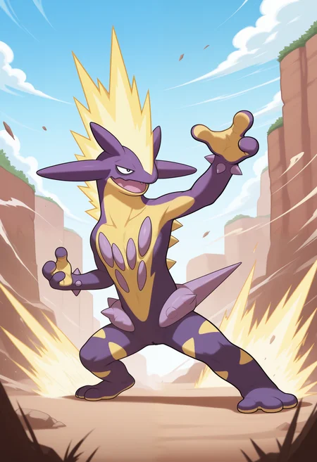masterpiece,best quality, amazing quality, 1boy, solo, 1boy, solo, t0x1c, pokemon (creature), full body, attack, outside,
