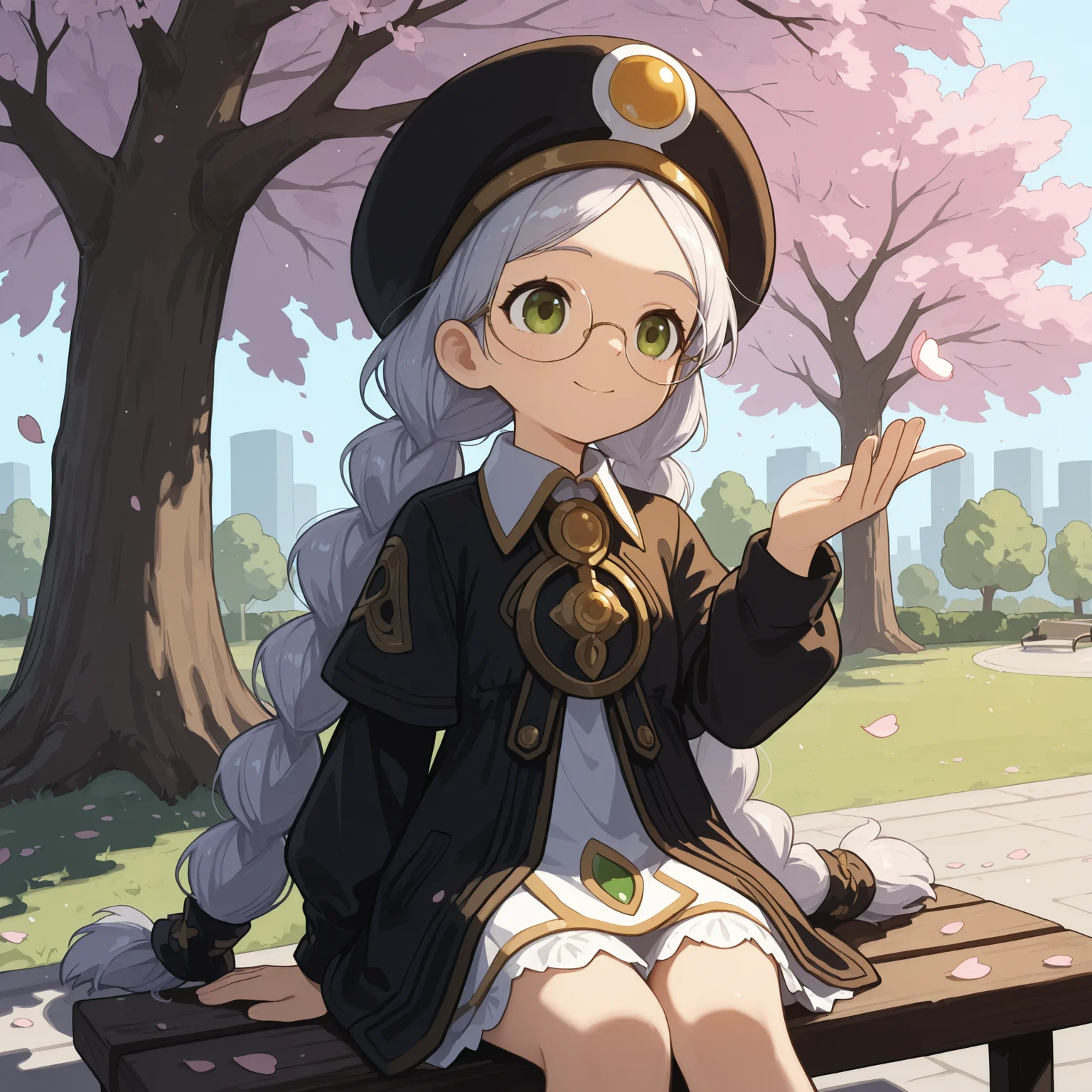 AcadDN01, 1girl, twin braids, in a park, around by sakura trees, Cherry blossom, petals flowing on air <lora:academic_dragonnest:1>