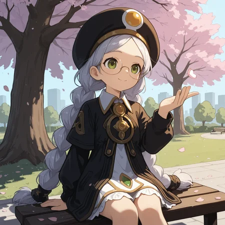 AcadDN01, 1girl, twin braids, in a park, around by sakura trees, Cherry blossom, petals flowing on air <lora:academic_dragonnest:1>