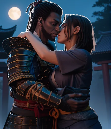 score_9, score_8_up, score_7_up, score_6_up, score_5_up, score_4_up, source_anime, photoshop \(medium\), <lora:ACShadows_t2-000008-128:1.0> 1boy, closed eyes, Yasuke, japanese armor
, 1girl, Naoe, short black hair, japanese clothes, sash,
, kissing
, outdoors, forest, at night, feudal japan, darkness, moon