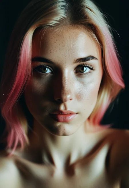Masterpiece photography, high detailed photography, realistic portrait, film still, emotional, professional lighting, relaxed , sensual , irresistible , fine details, fine art photography style, analog film grain, art nouveau , 
BREAK
22yo young woman , (cute beautiful face), ( small breasts, wbithe-blonde pink hair, bright eyes, piercing gaze), detailed skin, some freckles on nose, extended eyeshadow makeup , minimalist background,  bokeh, detailed catchlights, rimlighting, close-up,  8k,