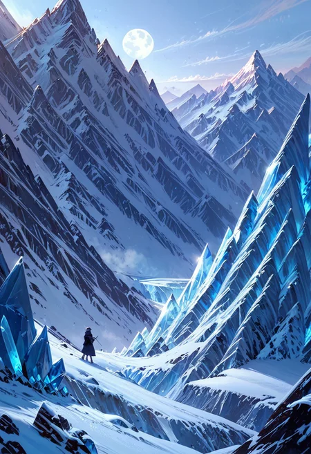 score_9, score_8_up, score_7_up, masterpiece, landscape, mountains, ice, ice world, snow, epiCPhoto, endless ice, cold moon, bleak world, long shadows, flat terrain